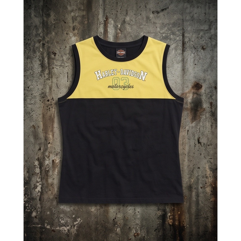 Harley Davidson Womens XL Sleeveless Tank Top Yellow Green Black Graphic 03